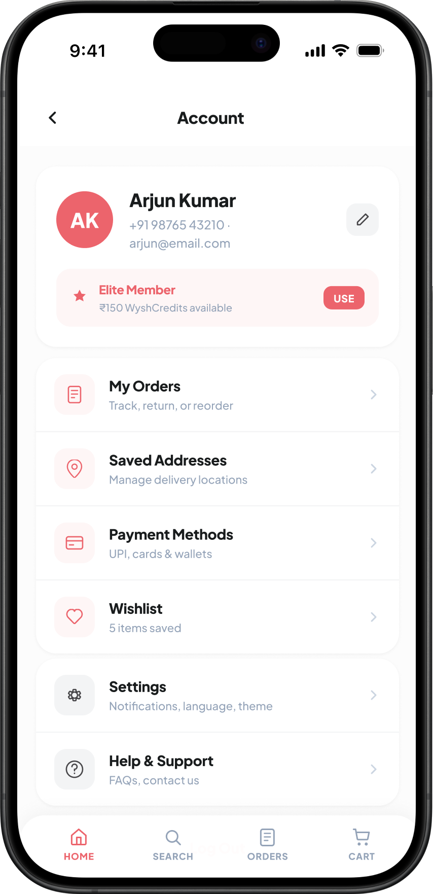 Account page — profile, credits, settings